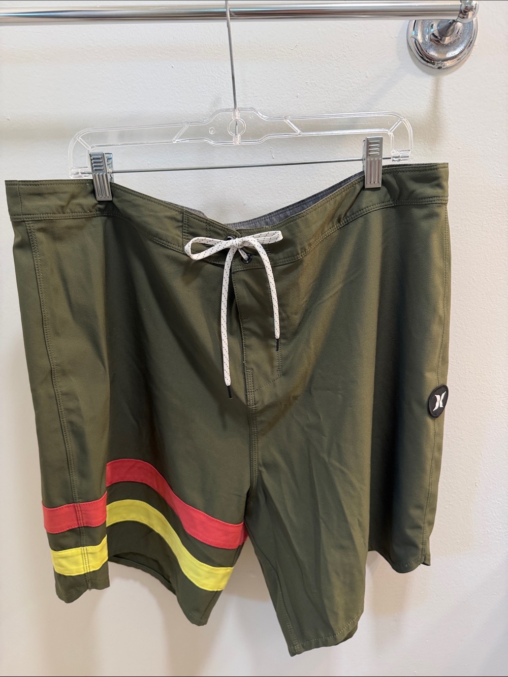 Hurley Olive Green Boardshorts with Red and Yellow Stripe Accents